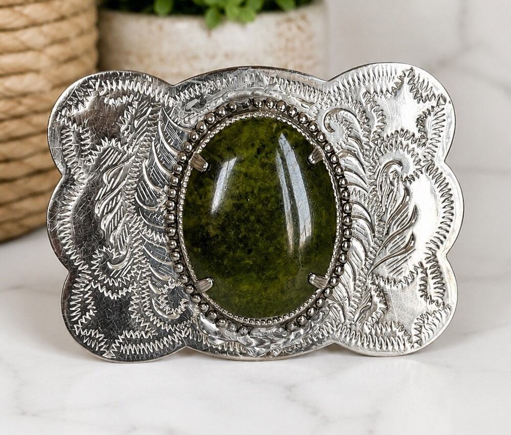 Vintage Western Belt Buckle Green Cabochon Nickel Silver Southwestern Cowboy